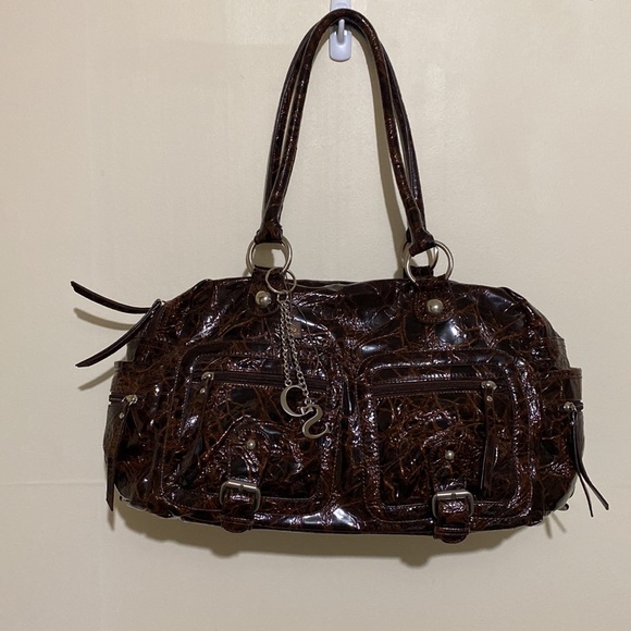 Chenson Brown Leather Patent Faux Croc Pattern Double Zipper Handbag - Picture 15 of 16